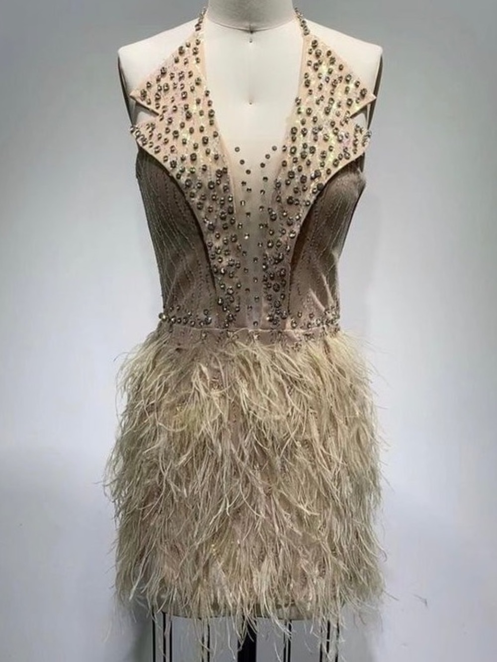 Elegant Feathered Halter Mini Dress in Champagne